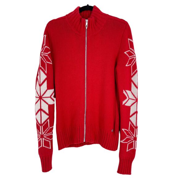 Spyder Full Zip Nordic Fair Isle Alpine Cable Knit Red Sweater Cardigan Medium - Picture 1 of 7
